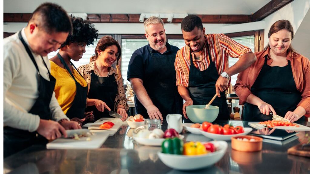 group of people coooking together