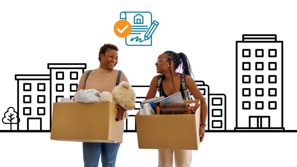 Two people holding moving boxes with their belongings in front of illustrations of apartment buildings and an icon of a lease